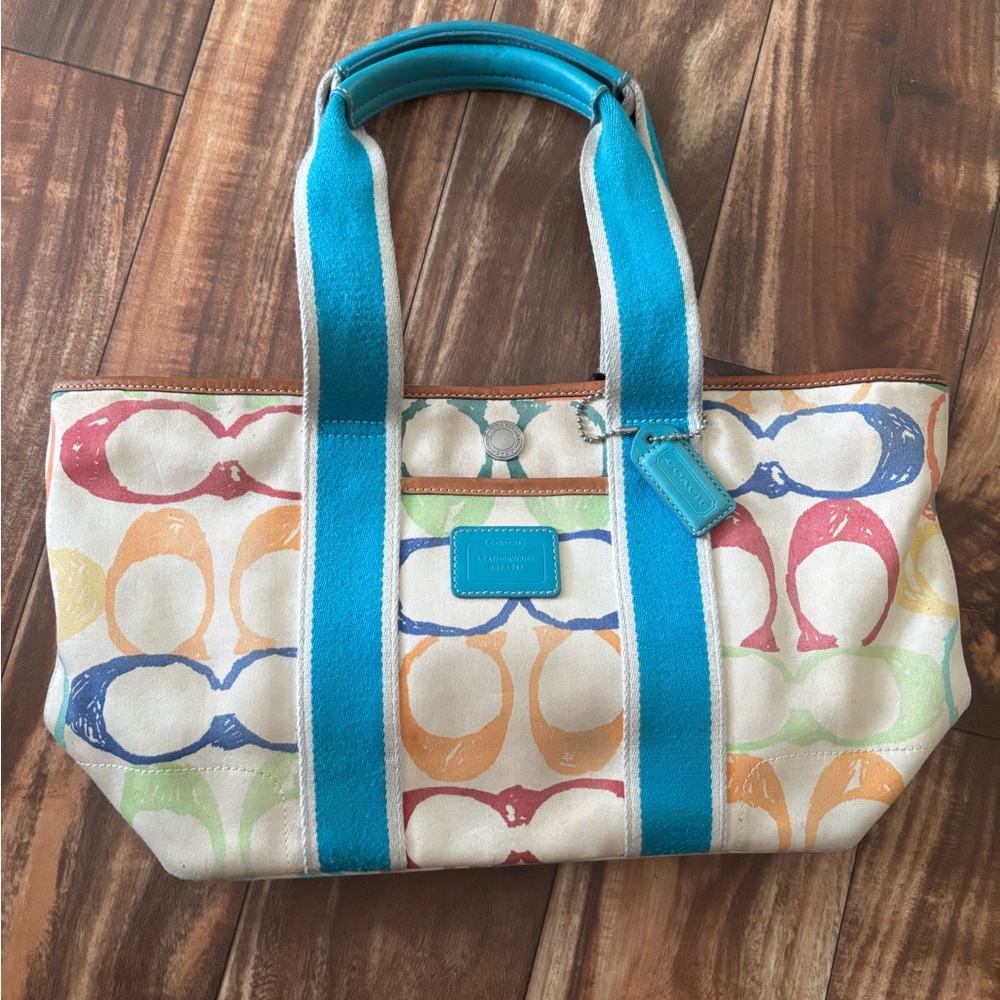 Coach Multicolor Tote with Blue Straps